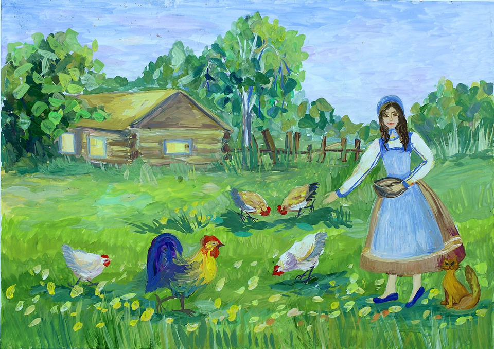 Детский рисунок - Летом в деревне
