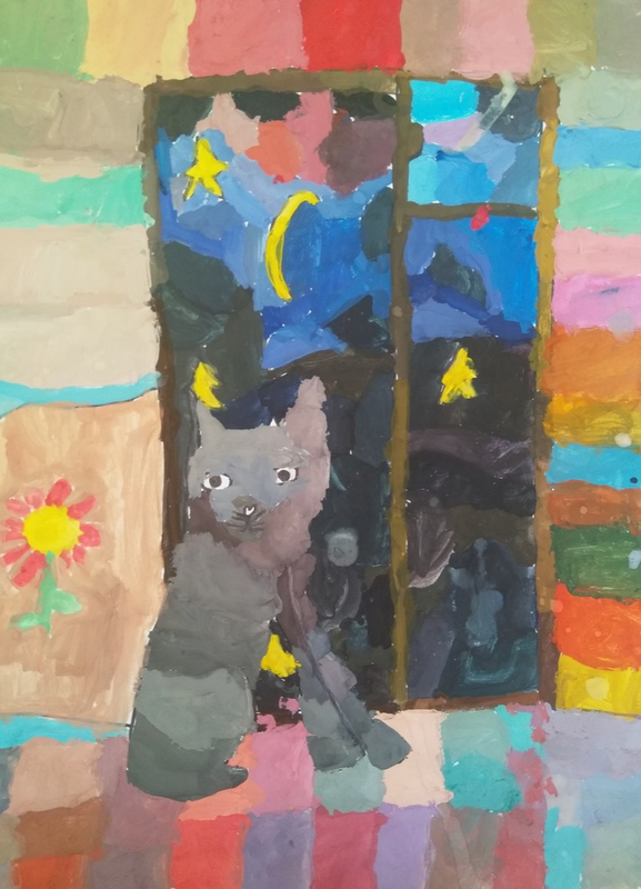 Детский рисунок - Кошка на окошке