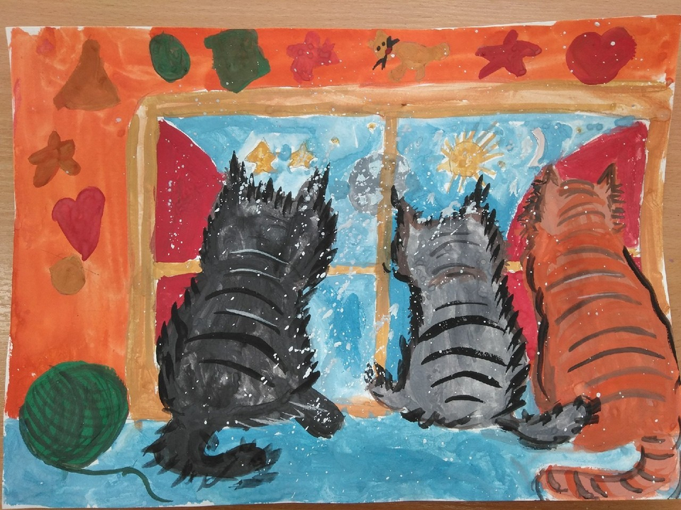 Детский рисунок - Кошки и космос