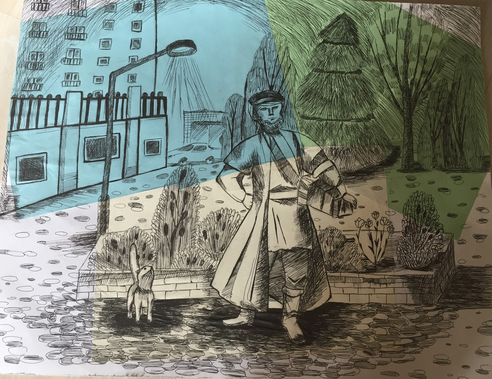 Детский рисунок - Коробейник с котом