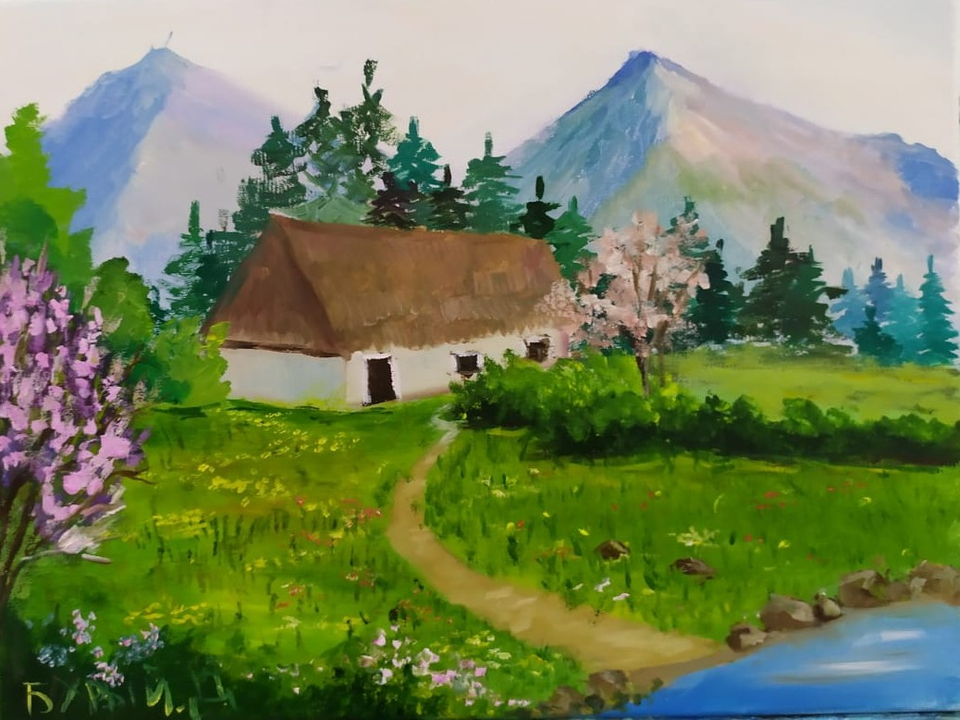 Детский рисунок - Домик в деревне
