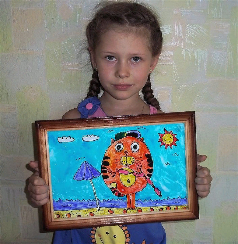 Детский рисунок - Кот на пляже