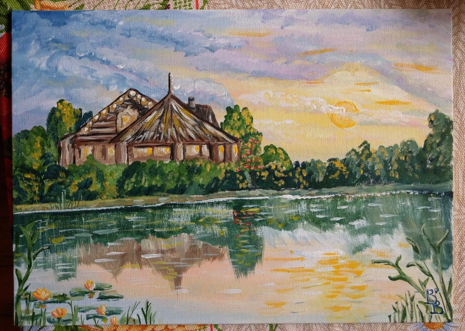 Детский рисунок - Домик на берегу пруда