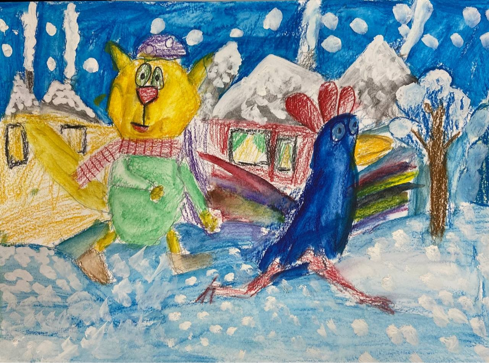 Детский рисунок - Петух и кот