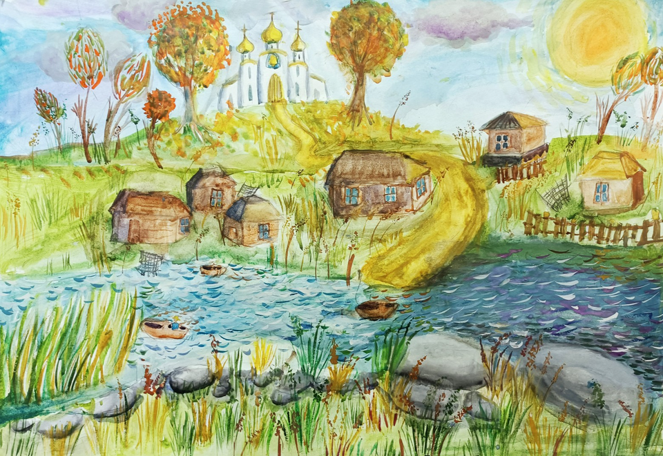 Детский рисунок - Осень в деревне