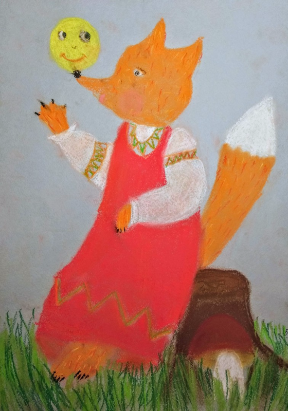 Детский рисунок - Колобок и лиса