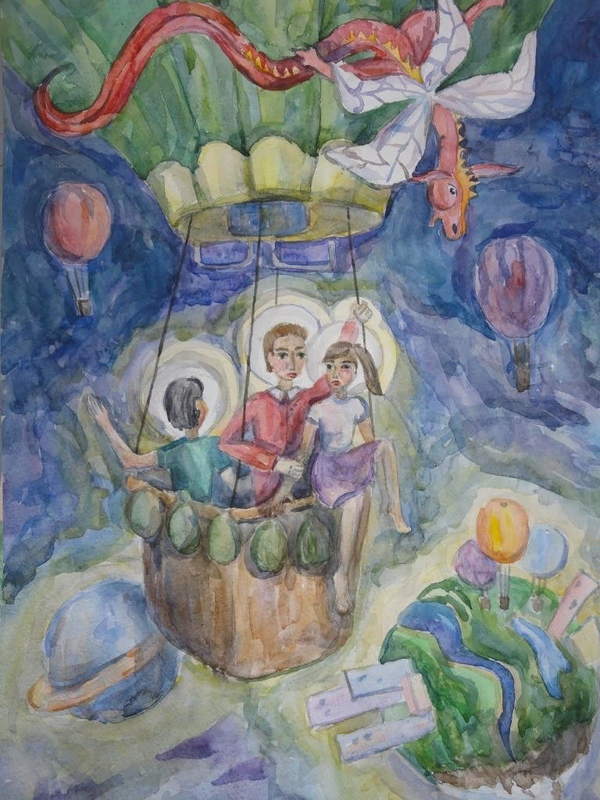 Детский рисунок - На большом воздушном шаре