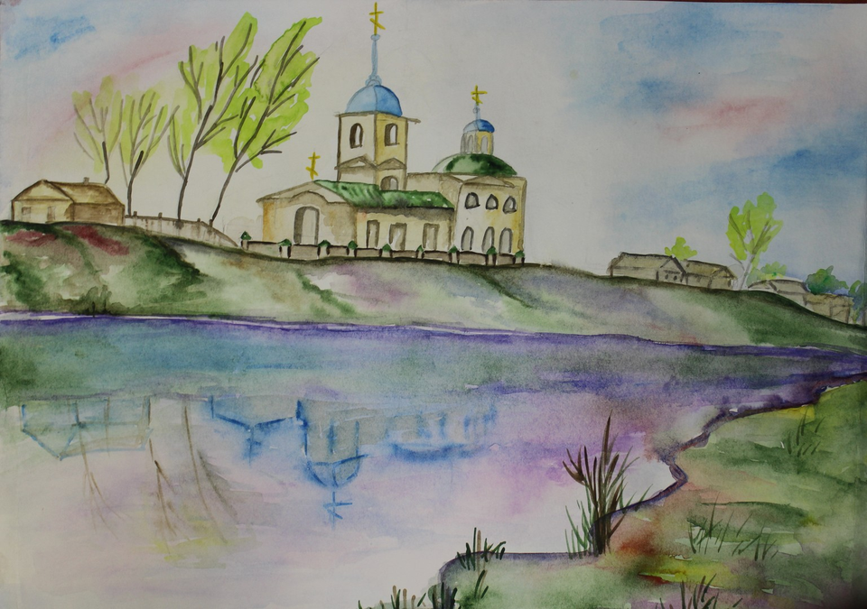 Детский рисунок - Храм на берегу реки