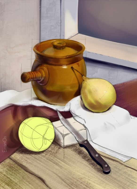 Рисунок - Натюрморт с глиняным кашником
