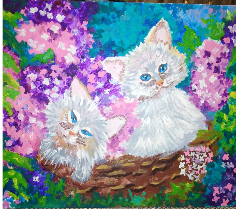 Детский рисунок - Котики в сирени